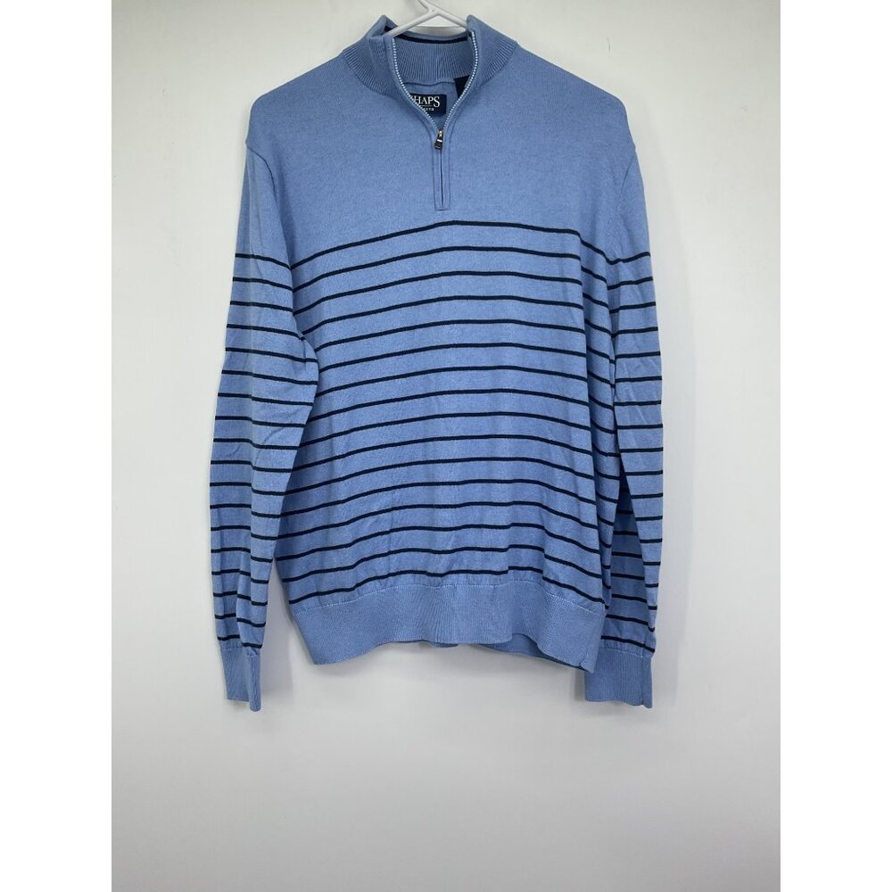 Chaps Mens Large Blue Black Striped Quarter-Zip Pullover Sweater